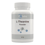 Image of a white supplement bottle that says rn labs L-Theanine Powder 50g 