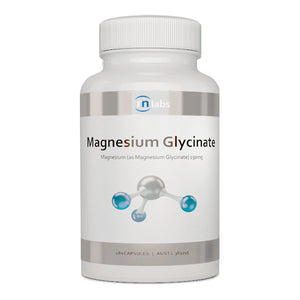 Image of a white supplement bottle that says rn labs magnesium glycinate magnesium glycinate (as magnesium glycinate) 150mg 180 caps