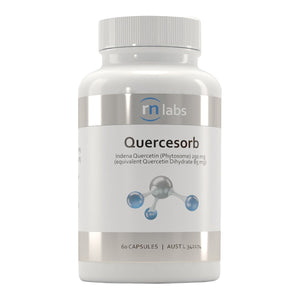 An Image of a white supplement bottle that says RN labs Quercesorb Indena Quercetin (Phytosome) 250mg (equivalent Quercetin Dihydrate 85mg) 60 capsules 