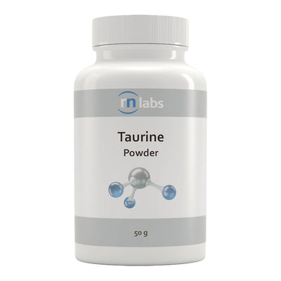 Image of a white supplement bottle that says rn labs taurine powder 50g 