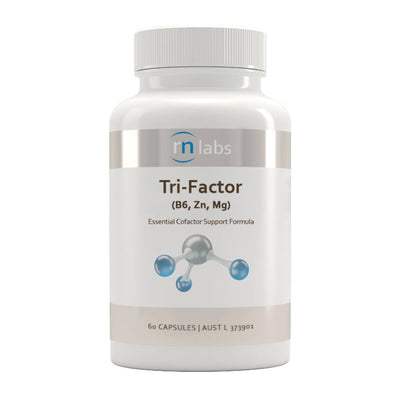 a white supplement bottle that says rn labs  tri-factor b6, Zn,Mg essential cofactor support formula 60 capules 