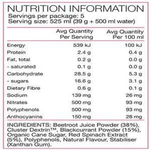 INGREDIENTS: 
Beetroot Juice Powder, Cluster Dextrin™, Blackcurrant Powder, Organic Cane Sugar, Red Spinach Extract, Polyphenols, Natural Flavour, Stabiliser (Xanthan Gum).
