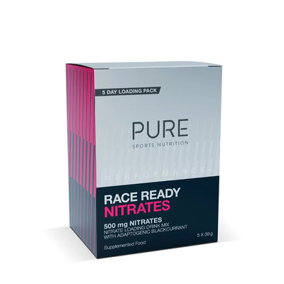 Image of a box packaging that says 5 day loading pack PURE sports nutrition performance race ready nitrates 500mg nitrates nitrate loading drink mix with adaptogenic blackcurrant supplemented food 5x 39g 
