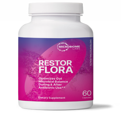 A Supplement container with the name RestorFlora by Microbiome Labs