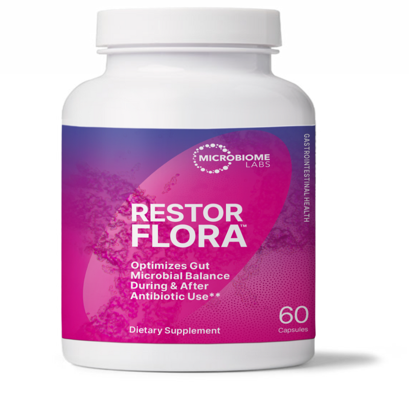 A Supplement container with the name RestorFlora by Microbiome Labs