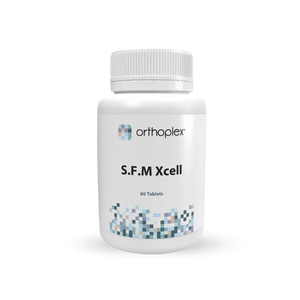 A Supplement container with the name S.F.M Xcell by Orthoplex White.
