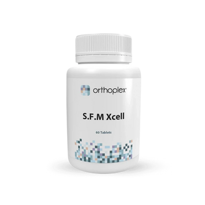 A Supplement container with the name S.F.M Xcell by Orthoplex White.