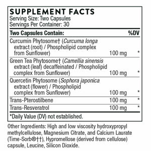 Ingredients including Curcumin, Phytosome, Curcuma long extract, Phospholipid complex, Sunflower.

Green Tea Phytosome, Camellia sinensis extract leaf, decaffeinated/Phospholipid complex from Sunflower, 

Quercetin Phytosome Sophora japonica extract (flower) Phospholipid complex from Sunflower) 

Trans-Pterostilbene,

Trans-Resveratrol.