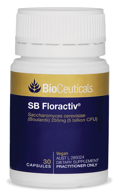 BioCeuticals blue and gold product image of SB Floractive 30 capsules.
