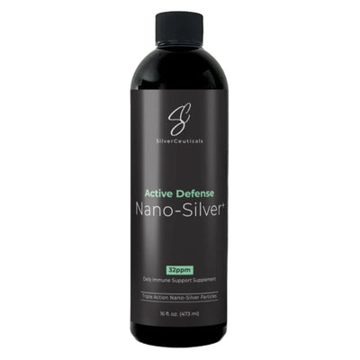 A Supplement container with the name Active Defese Nano-Silver 32ppm (473ml) by SilverCeuticals