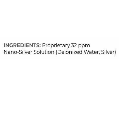 Ingredients: Proprietary 32ppm Nao-Silver Solution (Deionized Water Silver)