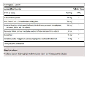 Supplement facts for THER-BIOTIC Candida Complex 90c listing ingredients including Amylase, Berberine, Biotin, Calcium, Cellulose (vegetarian capsule)