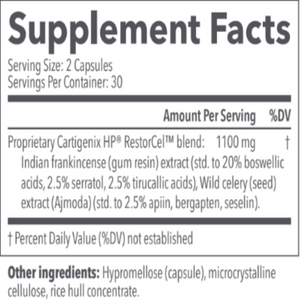 Ingredients: Proprietary Cartigenix HP RestorCel blend, 1100mg Indian frankincense (gum resin) extract (std to 20% boswellic acid, 2.5% serratol, 2.5% tirucallic acid), Wild celery (seed) extract (Ajmoda) (std to 2,.5% apiin, bergapten, seselin).