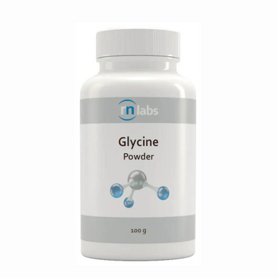 Image of a white supplement bottle that says rn labs glycine powder 100g 