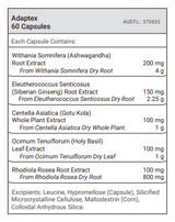 A list of ingredients including Withania Somnifera, Ashwagandha, Eleutherococcus Senitcosus, Siberian Ginseng, Centella Asiatica, Gotu Kola, Centella Asiatica, Ocimum Tenuiflorum, Rhodiola Rosea