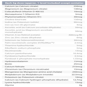 Ingredients: Calcium, Magnesium, Colecalciferol. Menaquinone 7, Phytomenadione, Iodine, Iron, Ascorbis Acid x2 Vitamin A, Zinc, Selenium, Palm tocotrienols, Thiamine hydrochloride, Tiboflavin sodium phosphate, Nicotinamide, Calcium pantothenate, Pyridoxine hydrochloride, Pyridoxal 5-phosphate monohydrate, Hydroxocobalamin, Biotin, Calcium Folinate, Chromium, Manganese, Potassium, Calcium, Lysine hydrochloride, Glycine.