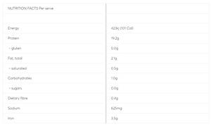 Image of nutrition facts clean lean protein 250g

energy, protein, gluten, fat total, saturated, carbohydrates, sugars, dietary fibre, sodium, iron 