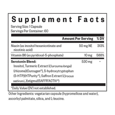 Text describing the ingredients: Niacin(as nicotinic acid), Vitamin B6 (as pyridoxal-5-phosphate) Serotonin Blend: Inositol, Turmeric Extract (curcuma longa) (rhizome) (Curcugen) 5-hydroxytrptophan (5-HTP) (HTPurity), Saffron Extract (Crocus sativus L.) (stigma) (SAFFR'ACTIV).