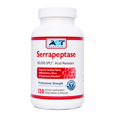 A Supplement container with the name Serrapeptase by AST Enzymes.