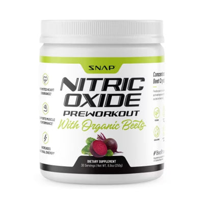 A Supplement container with the name Nitric Oxide Preworkout Organic Beets by Snap Supplements.