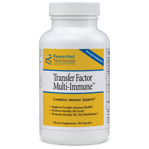 A supplement bottle with a yellow label called Transfer Factor Multi-Immune by Research Nutritionals