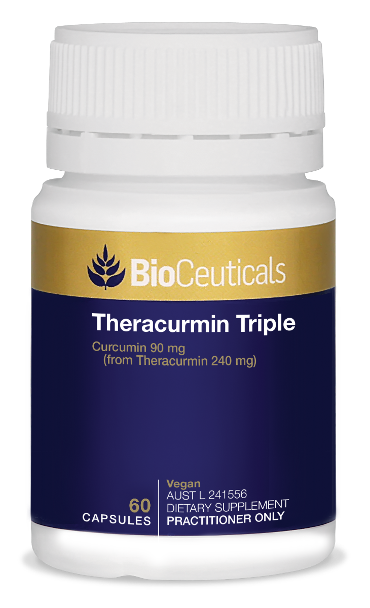 BioCeuticals product bottle of Theracurcumin triple 60 capsules. Blue and gold label with white bottle