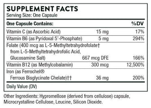 Ingredients including Vitamin C, Ascorbic acid, Vitamin B6, Pyridoxal 5 Phosphate, Folate, Methyltetrahydrofolate, l5mhfr, Vitamin B12, Methylcobalamin, Iron, Ferrochel, Ferrous Bisglycinate chelate.