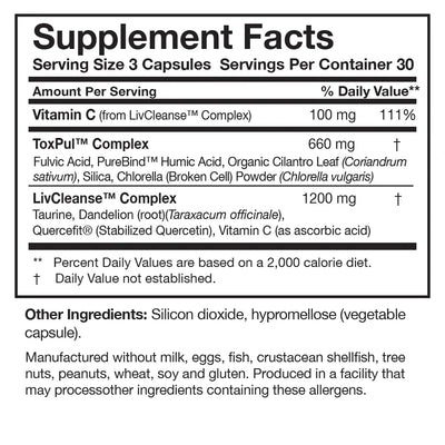 Ingredients including Vitamin C, Fulvic Acid, PureBind, Humic acid, Organic cilantro, Coriandrum sativum, Silica, Chlorella, Broken cell, Powder, Chlorella vulgaris, Livcleanse, Taurine, Dandelion root, Taraxacum officinale, Quercefit, Stabilised Quercetin, Vitamin C, Ascobic acid.