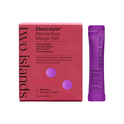 A Supplement container with the name Electrolyte Passionfruit mango Salt by Two Island.