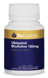 BioCeuticals product bottle image Ubiquinol Bioactive 150mg 30caps. Blue and gold label.