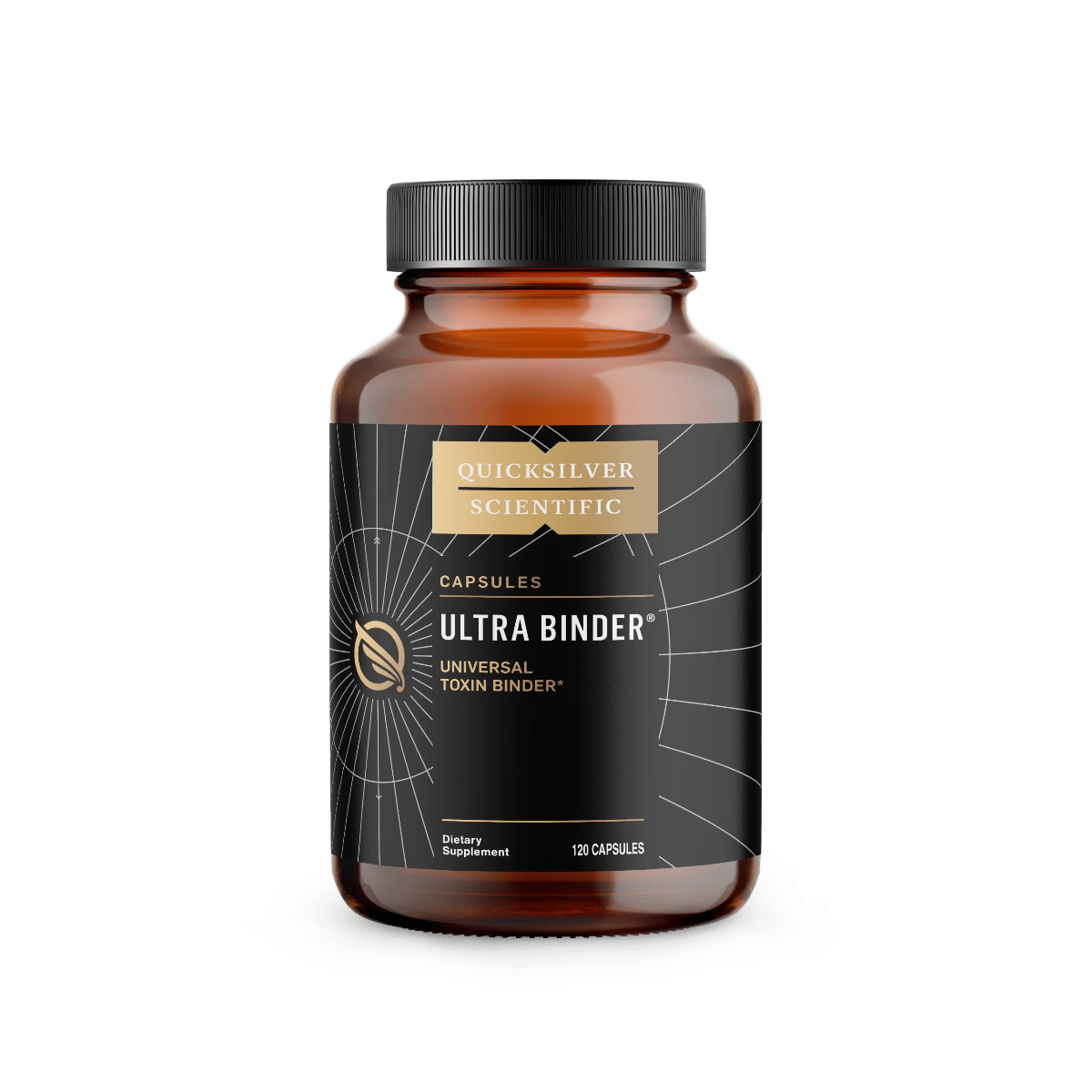 A Supplement container with the name Ultra Binder Universal Toxin Binder 120 Caps by Quicksilver.