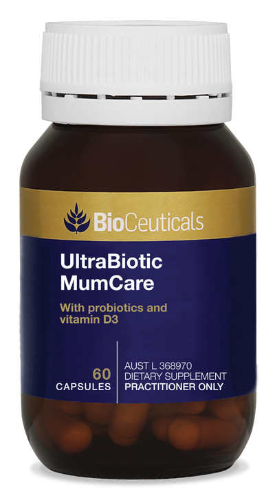 UltraBiotic MumCare 60capsules. Amber glass bottle with blue and gold label. Probiotics with vitamin d3.