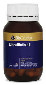 BioCeuticals UltraBiotic 45 30 capsules. Glass amber bottle with blue and gold label.