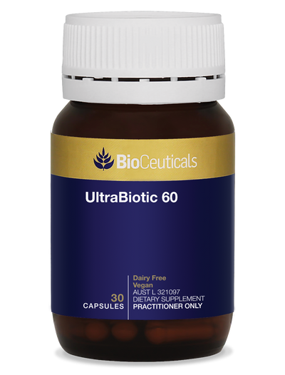 UltraBiotic 60 capsules. BioCeuticals amber glass bottle with blue and gold label.