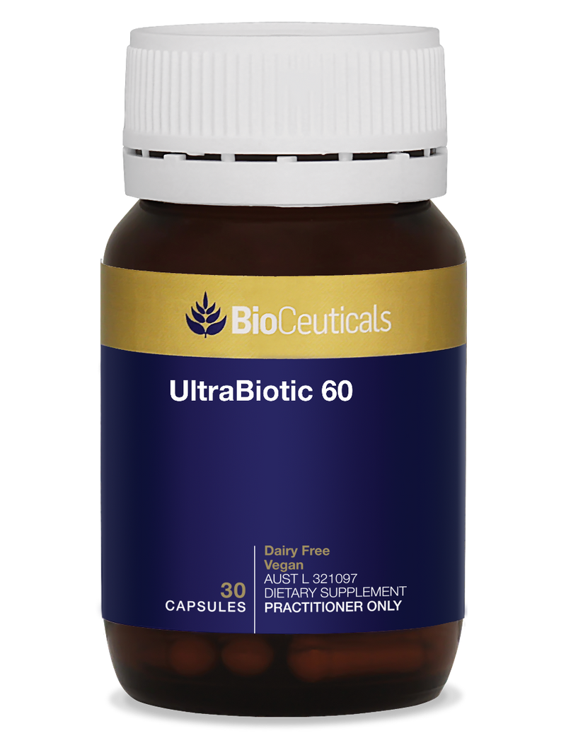 UltraBiotic 60 capsules. BioCeuticals amber glass bottle with blue and gold label.
