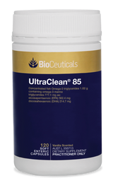 BioCeuticals UltraClean 85 Omega 3 Fish oil product bottle image of 120 capsules. Blue and gold bottle image. 