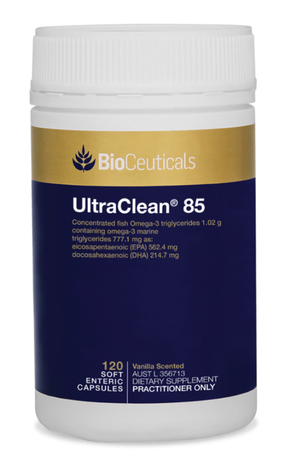 BioCeuticals UltraClean 85 Omega 3 Fish oil product bottle image of 120 capsules. Blue and gold bottle image. 