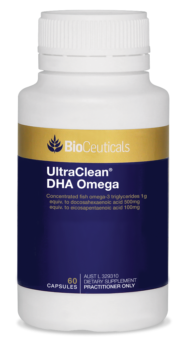 UltraClean DHA Omega 60 caps. Bioceuticals white botte with blue and gold label.