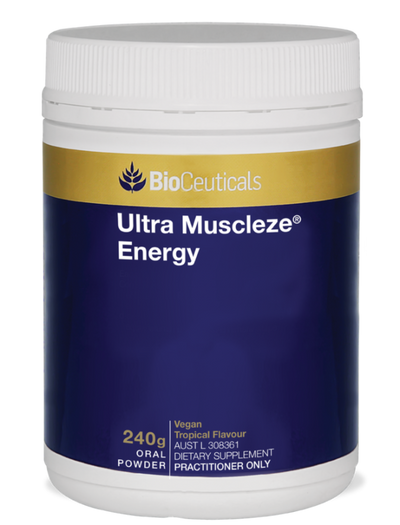 Ultra Muscleze Energy product bottle from BioCeuticals. Blue and gold band. 240g.