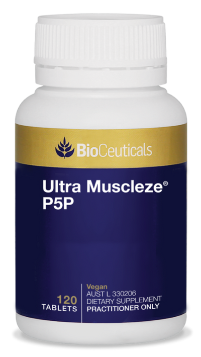 BioCeuticals Ultra Muscleze P5P product image of blue bottle with gold band. 120 tablets.