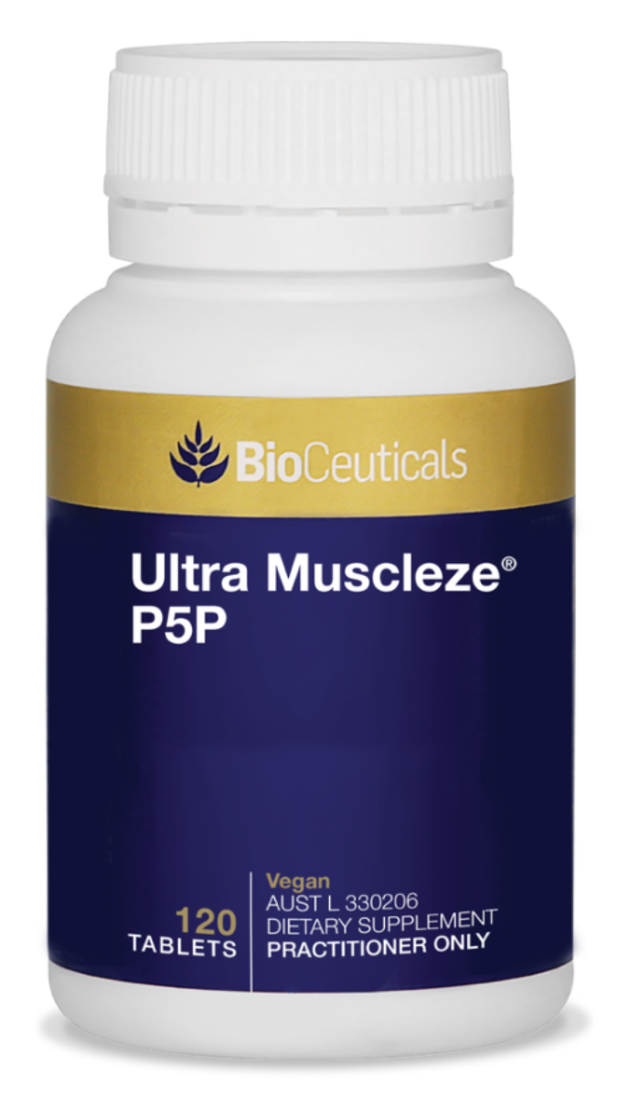BioCeuticals Ultra Muscleze P5P product image of blue bottle with gold band. 120 tablets.