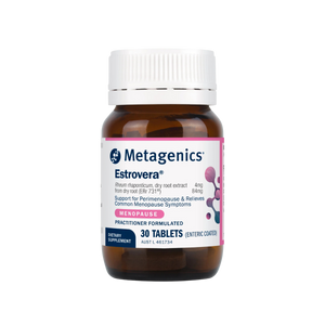 Metagenics Estrovera bottle image 30 tablets. Support for Perimenopause & Relieves Common Menopause Symptoms.