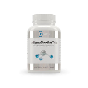 Image of a white supplement bottle that says rn labs inflamasoothe trio anti-inflammatory support formula 60 capsules 