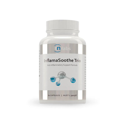 Image of a white supplement bottle that says rn labs inflamasoothe trio anti-inflammatory support formula 60 capsules 