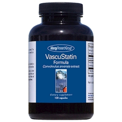 A Supplement container with the name VascuStatin by Allergy Research Group.