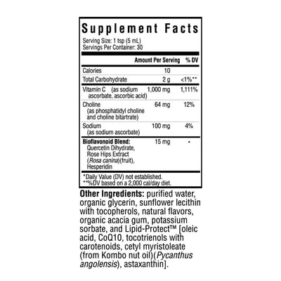 Ingredients: Vitamin C (as Sodium ascorbate, ascorbic acid), Choline (as phosphatidyl choline and choline bitartrate), Sodium )as sodium ascorbate).