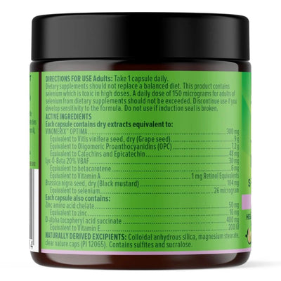Image of vital hair + skin 30 vegcaps contents
1000x1000

Vinomerix optima, grape seed, pligomeric proanthocyanidins, catechinbs and epicatechin, Lyc-O-Beta 20% VBAF, Betacarotene, Vitamin A, Brassica nigra seed dry (black mustard), Selenium, zinc amino acid chelate, equivalent to zinc, D- alpha tocopheryl cid succinate, vitamnin E