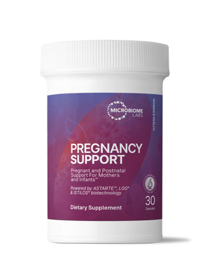 Image of a Purple container that says pregnancy support, pregnant and postnatal support for mothers and infants. Powered by ASTARTE, LGG & ISTILOS biotechnology dietary supplement 30 Capsules.