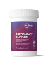 Image of a Purple container that says pregnancy support, pregnant and postnatal support for mothers and infants. Powered by ASTARTE, LGG & ISTILOS biotechnology dietary supplement 30 Capsules.