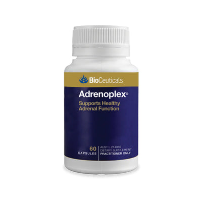 BioCeuticals product bottle of Adrenoplex 60 capsules. Blue with gold band.